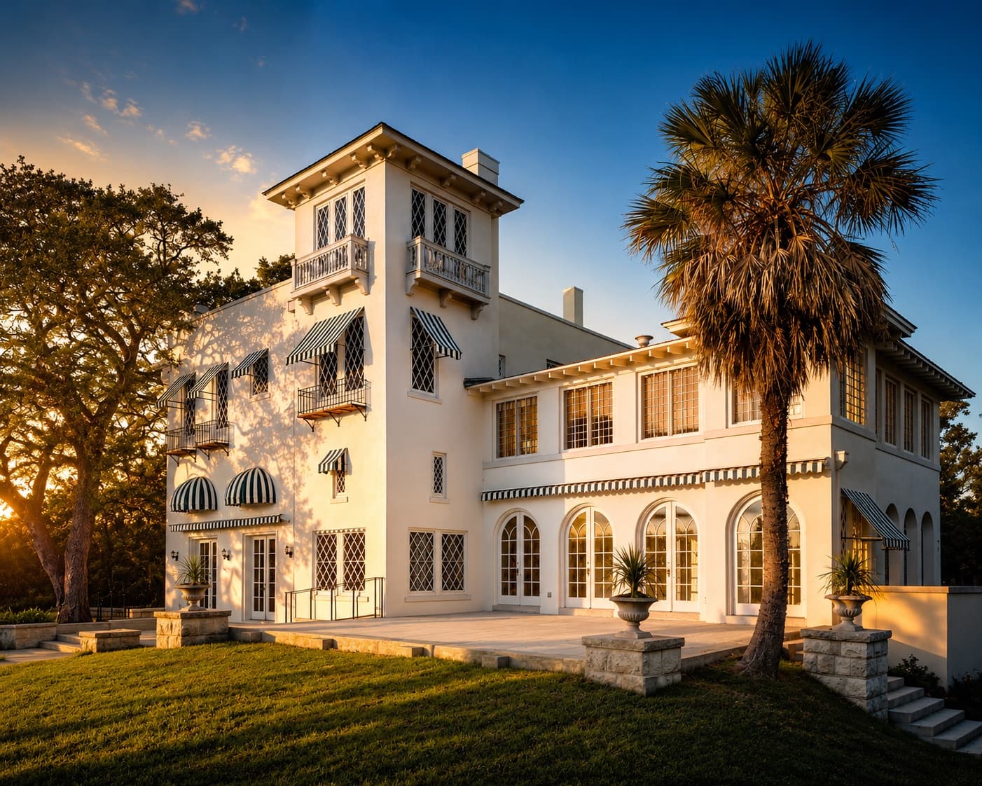 An elegant white villa with arched windows and a palm at golden hour near the Exposition corridor in Tarrytown, Austin