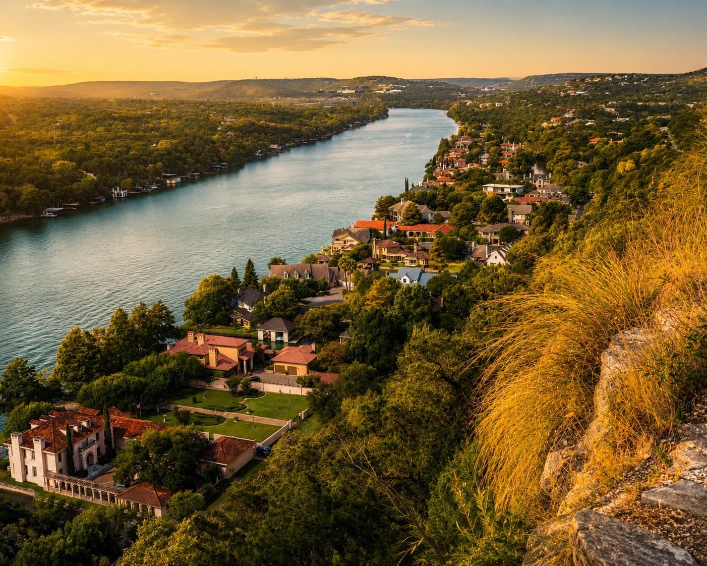 Lake Austin and its waterfront homes seen from the bluffs above Tarrytown at sunset, Austin, Texas