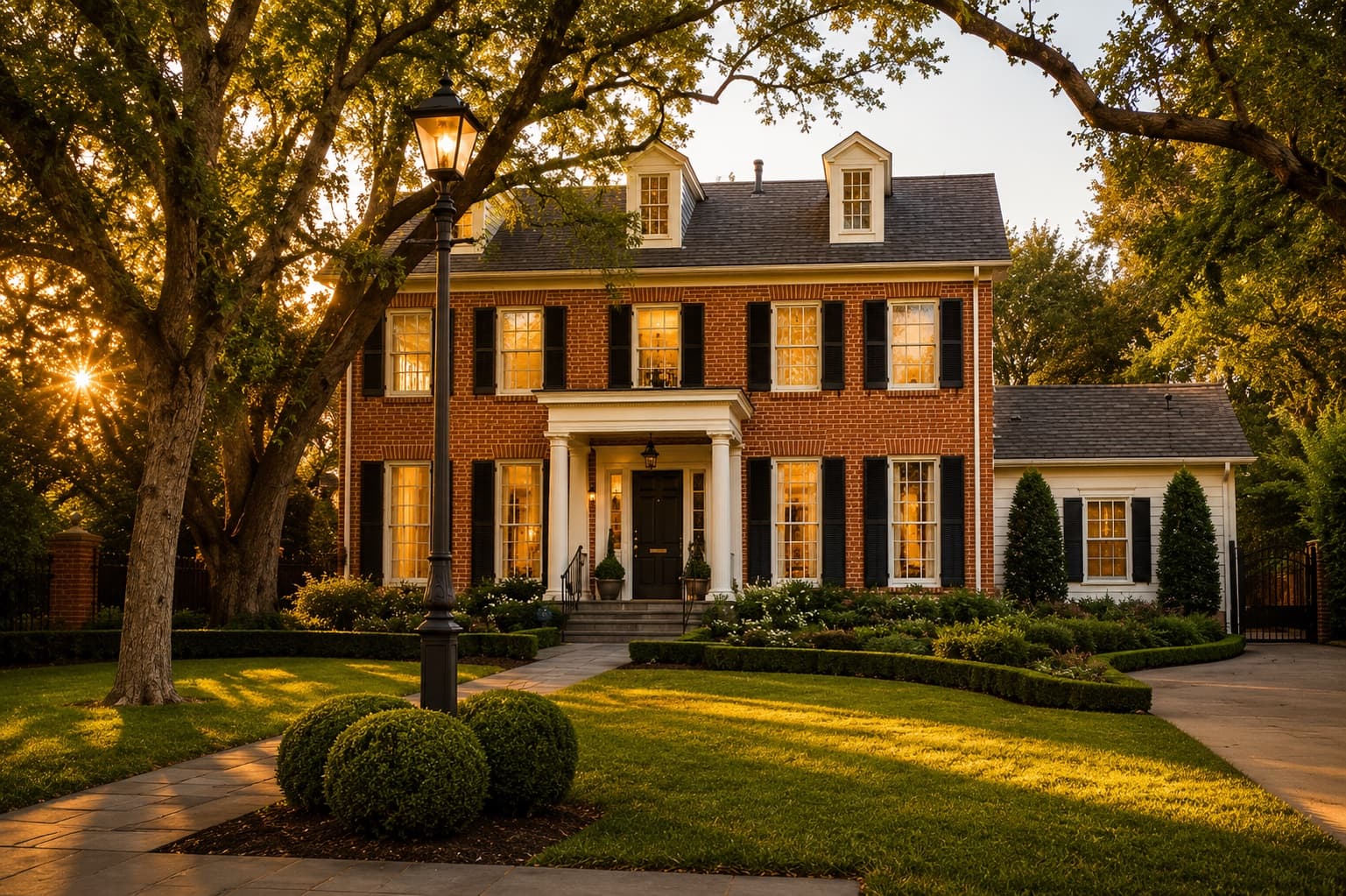 A brick Colonial Revival home with black shutters and a lamp-lit walk at golden hour in Tarrytown, Austin