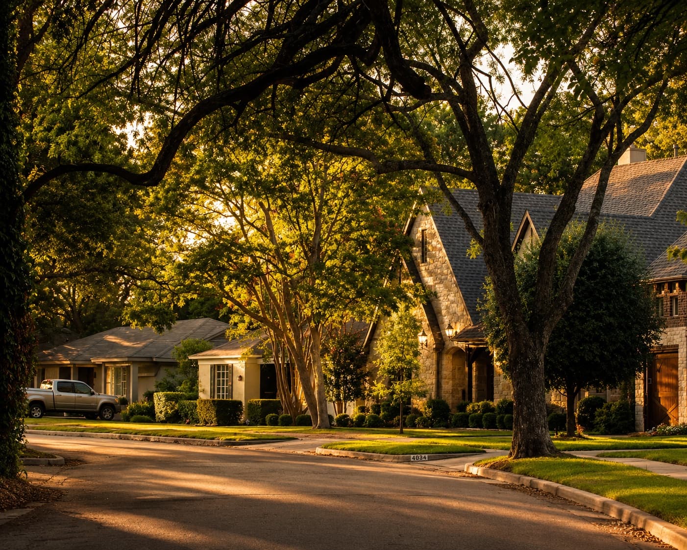 A tree-canopied Tarrytown street of stone and brick homes under mature oaks at golden hour, Austin
