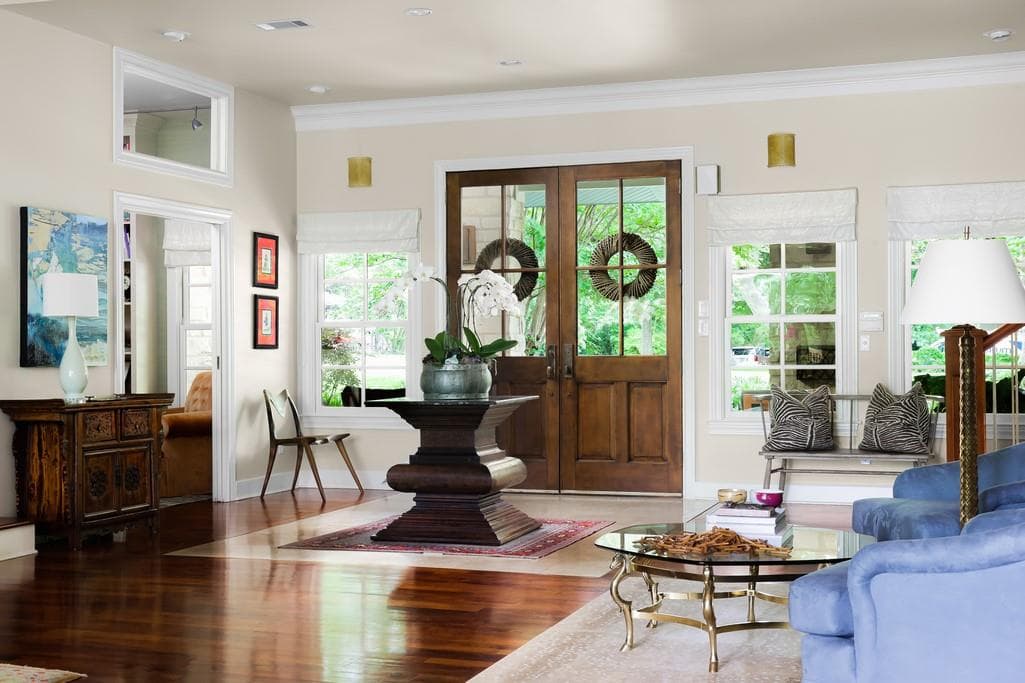 Double wooden entry doors with glass panels, ligh