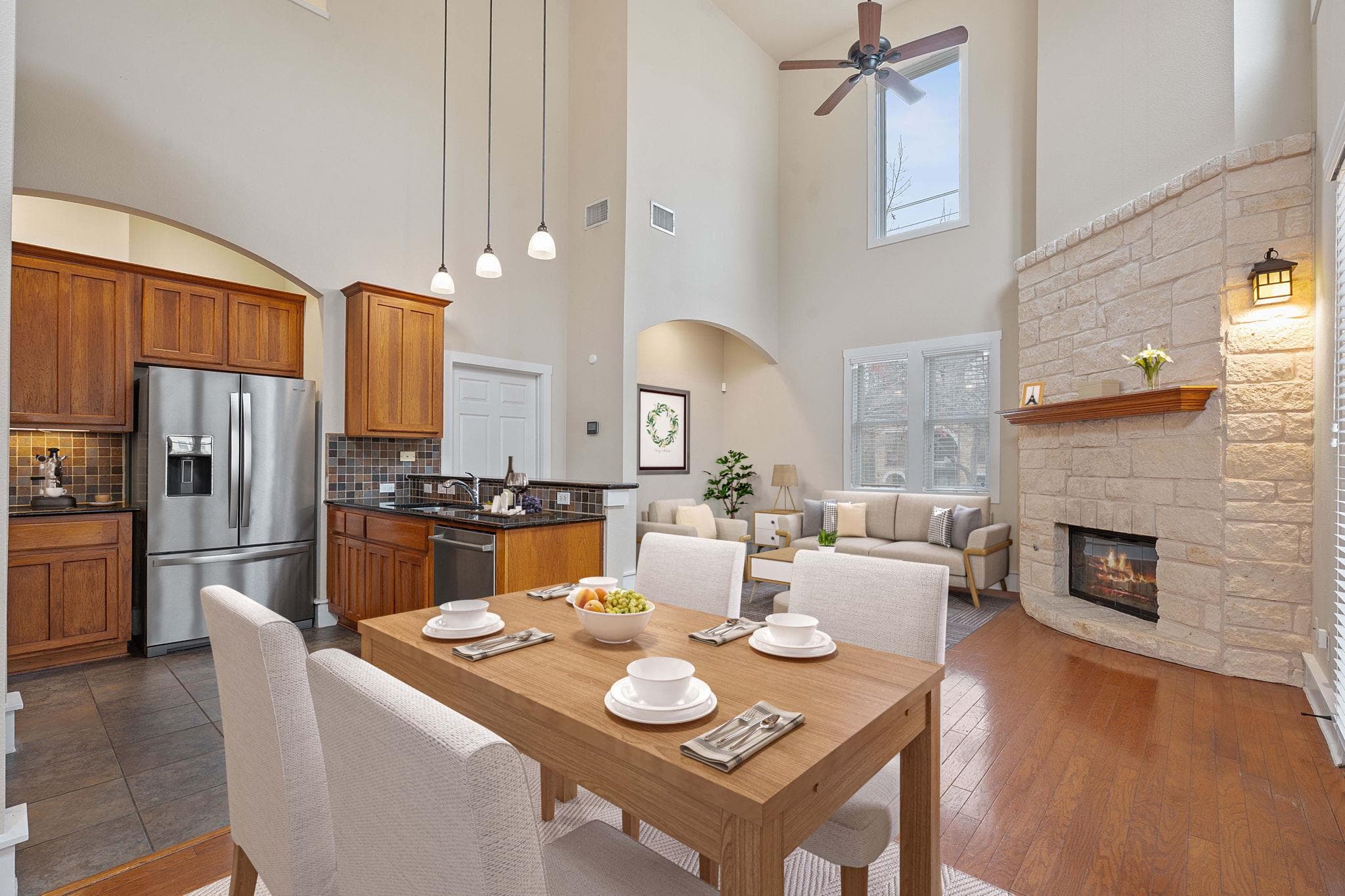 Dining room with a ceiling fan, healthy amount of